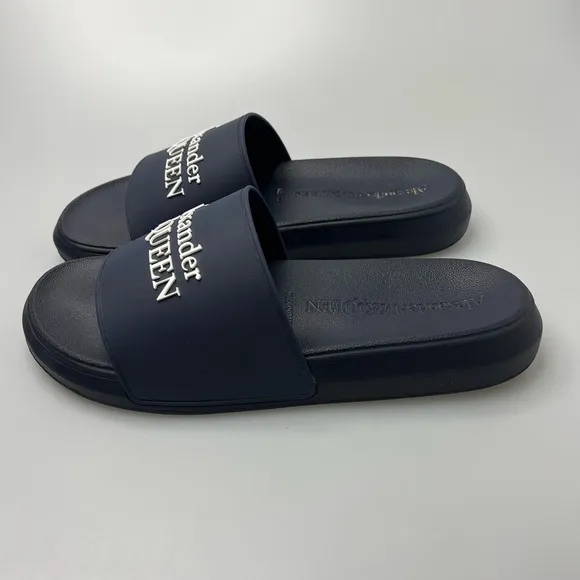 Alexander McQueen Logo Wedge Pool Slides Navy Blue Men’s EU 41/US 8 $280