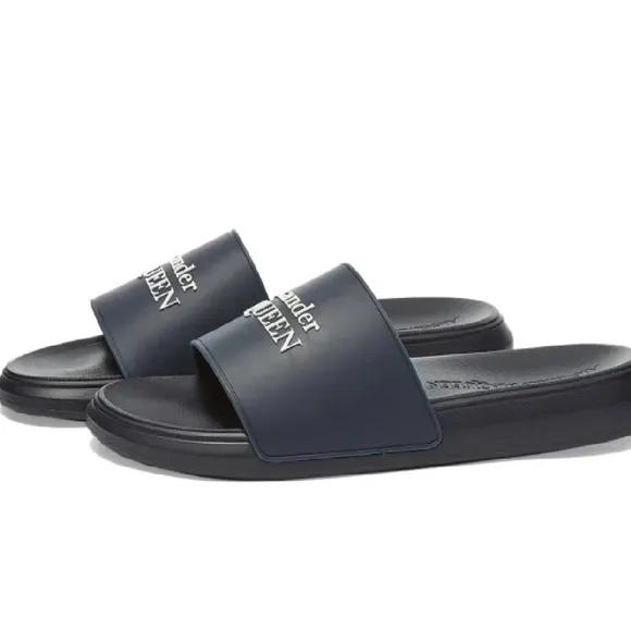 Alexander McQueen Logo Wedge Pool Slides Navy Blue Men’s EU 41/US 8 $280