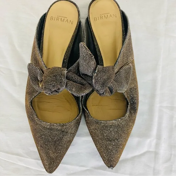 Alexandre Birman metallic pointed toe mules with bow detail. Size 35 (US 5)