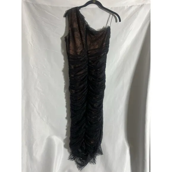 Aliava Fatima Lace Ruched Scalloped Neckline Midi Dress w/Belt Sz Small