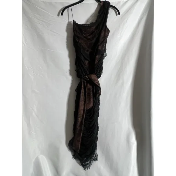 Aliava Fatima Lace Ruched Scalloped Neckline Midi Dress w/Belt Sz Small