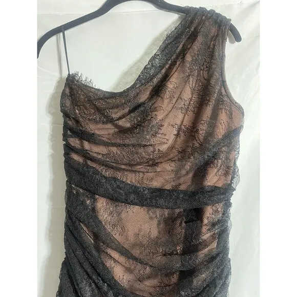 Aliava Fatima Lace Ruched Scalloped Neckline Midi Dress w/Belt Sz Small