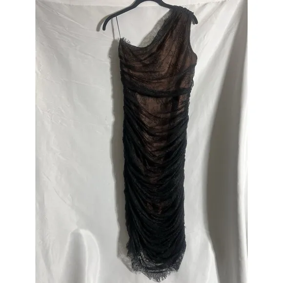 Aliava Fatima Lace Ruched Scalloped Neckline Midi Dress w/Belt Sz Small