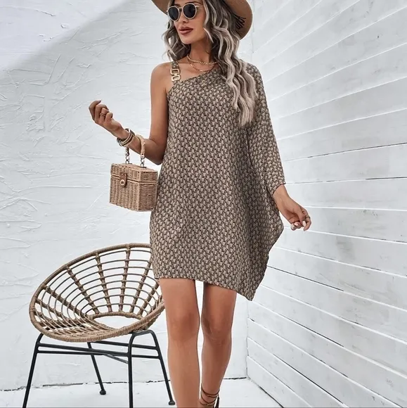 Allover Print Asymmetrical Neck Batwing Sleeve Dress