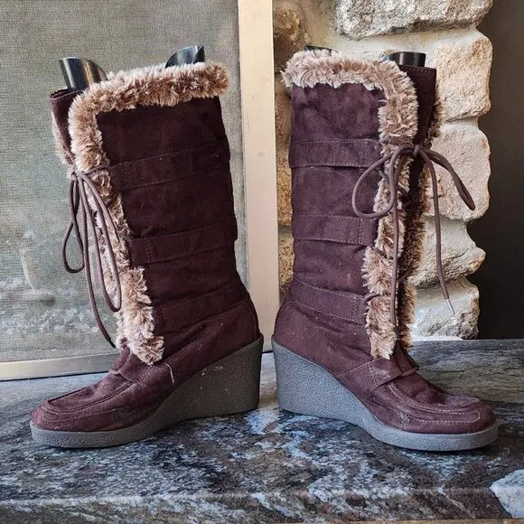 American Eagle Outfitters Vintage Faux Brown Suede &amp; Fur Wedge Boots 3&quot; Heel