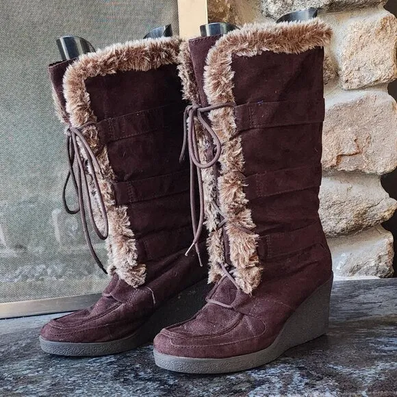 American Eagle Outfitters Vintage Faux Brown Suede &amp; Fur Wedge Boots 3&quot; Heel