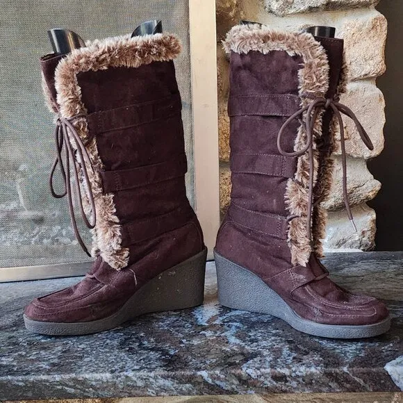 American Eagle Outfitters Vintage Faux Brown Suede &amp; Fur Wedge Boots 3&quot; Heel