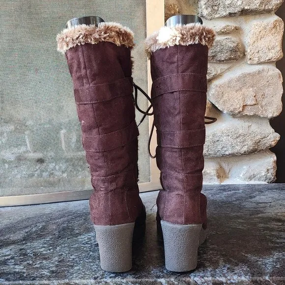 American Eagle Outfitters Vintage Faux Brown Suede &amp; Fur Wedge Boots 3&quot; Heel