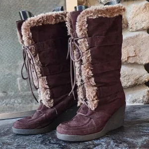 American Eagle Outfitters Vintage Faux Brown Suede &amp; Fur Wedge Boots 3&quot; Heel