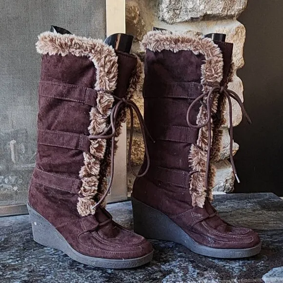 American Eagle Outfitters Vintage Faux Brown Suede &amp; Fur Wedge Boots 3&quot; Heel