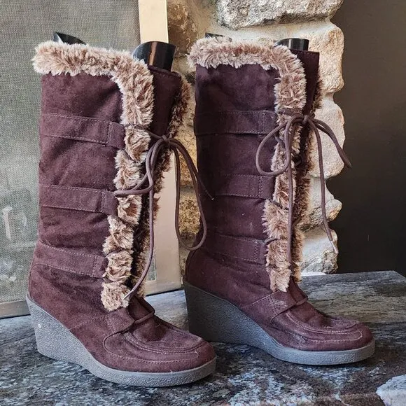 American Eagle Outfitters Vintage Faux Brown Suede &amp; Fur Wedge Boots 3&quot; Heel