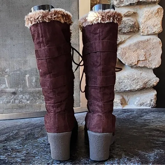 American Eagle Outfitters Vintage Faux Brown Suede &amp; Fur Wedge Boots 3&quot; Heel