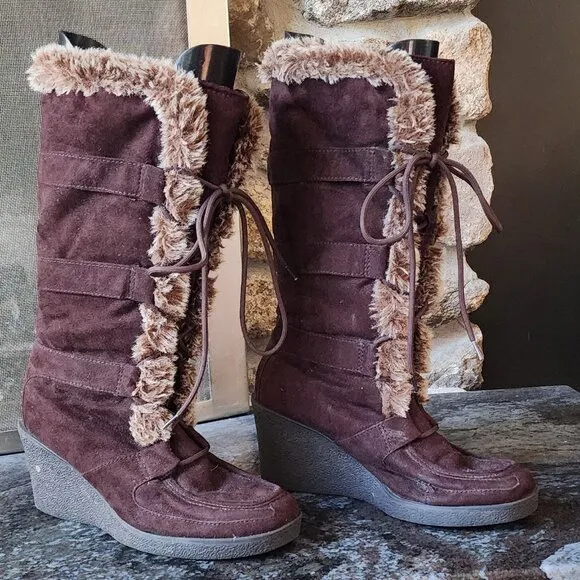 American Eagle Outfitters Vintage Faux Brown Suede &amp; Fur Wedge Boots 3&quot; Heel