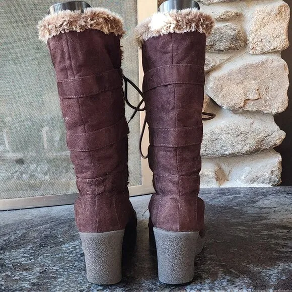 American Eagle Outfitters Vintage Faux Brown Suede &amp; Fur Wedge Boots 3&quot; Heel