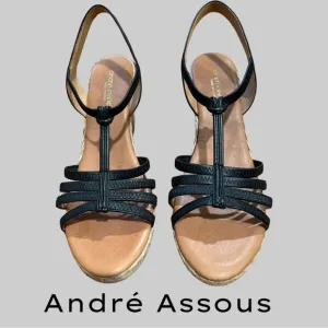 ANDRÉ ASSOUS ALIVIA ESPADRILLES WEDGE IN BLACK LEATHER - MADE IN SPAIN - SIZE 39