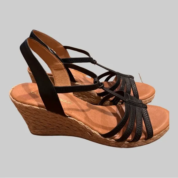ANDRÉ ASSOUS ALIVIA ESPADRILLES WEDGE IN BLACK LEATHER - MADE IN SPAIN - SIZE 39