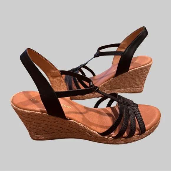 ANDRÉ ASSOUS ALIVIA ESPADRILLES WEDGE IN BLACK LEATHER - MADE IN SPAIN - SIZE 39