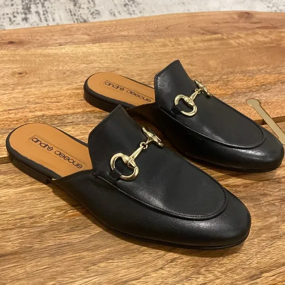 Andre Assous Black Italian Leather Gold Buckle Slip-in Loafers Sz 7