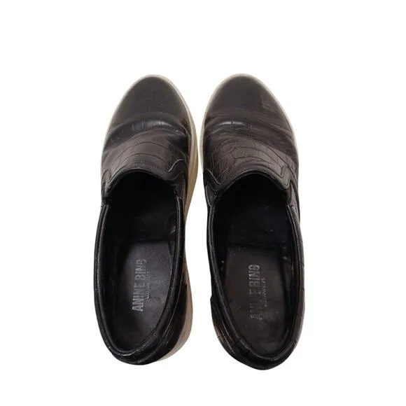 ANINE BING Leather LOAFERS Sz 38 Black CROC Embossed SLIP-ON Preppy Luxe Casual