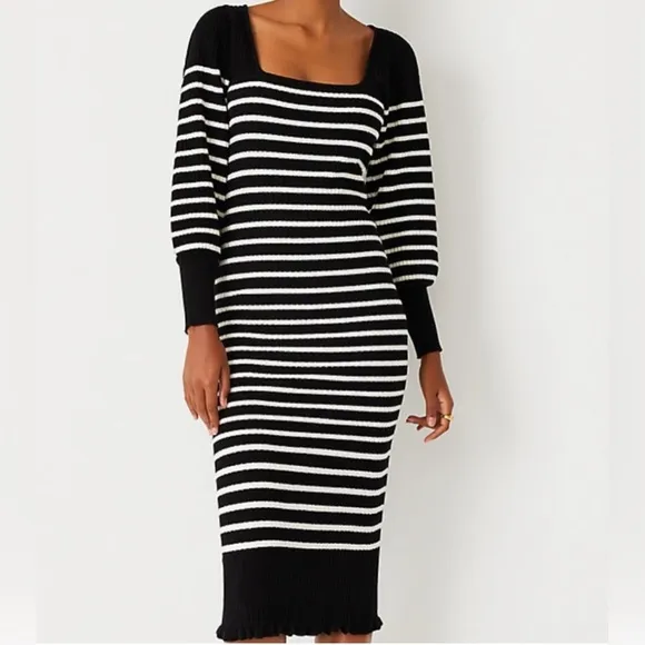 Ann Taylor Striped Midi Sweater Dress Square Neck Black White NWT Size Small