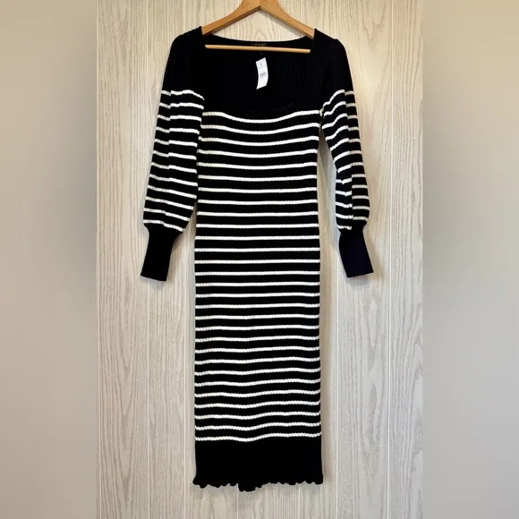 Ann Taylor Striped Midi Sweater Dress Square Neck Black White NWT Size Small