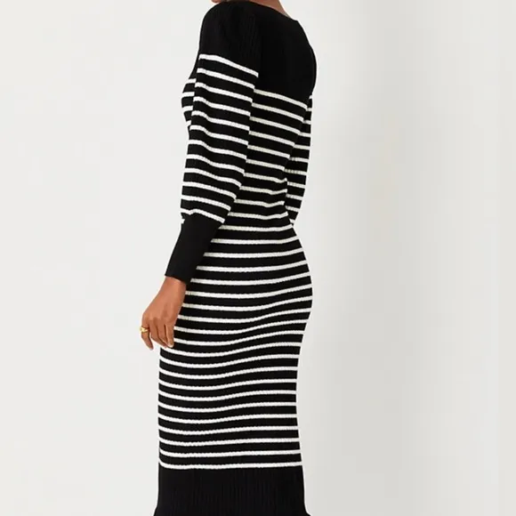 Ann Taylor Striped Midi Sweater Dress Square Neck Black White NWT Size Small