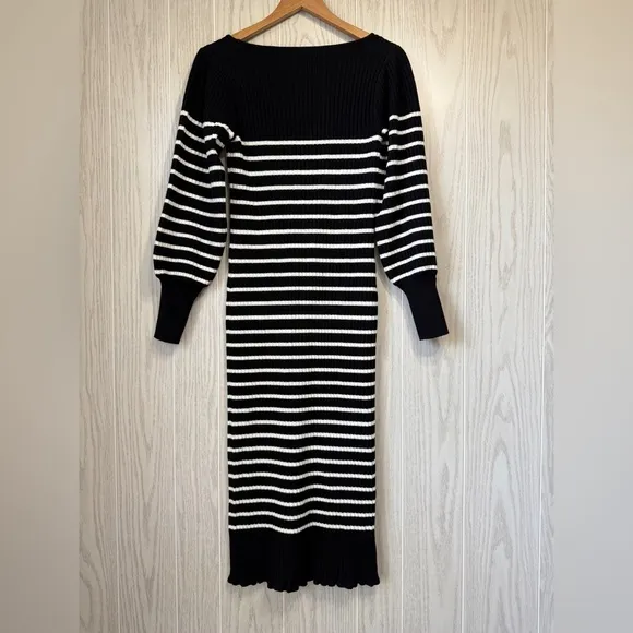Ann Taylor Striped Midi Sweater Dress Square Neck Black White NWT Size Small