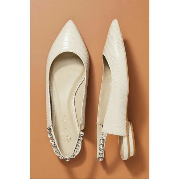 Anthropologie Guilhermina Snakeskin Cream Tan Jewel Pointed Toe Flats 10 41