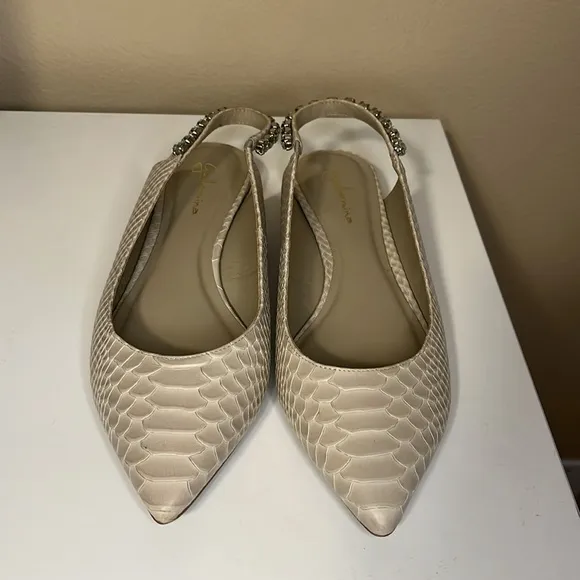 Anthropologie Guilhermina Snakeskin Cream Tan Jewel Pointed Toe Flats 10 41