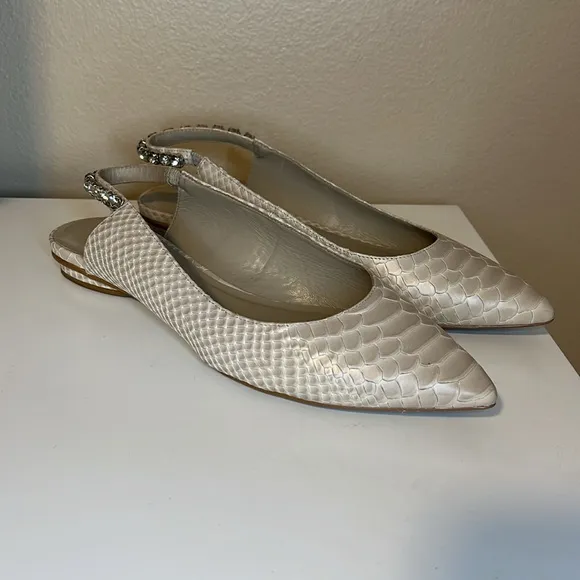 Anthropologie Guilhermina Snakeskin Cream Tan Jewel Pointed Toe Flats 10 41