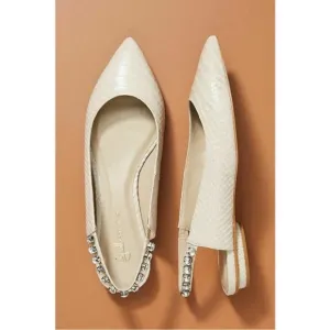 Anthropologie Guilhermina Snakeskin Cream Tan Jewel Pointed Toe Flats 10 41