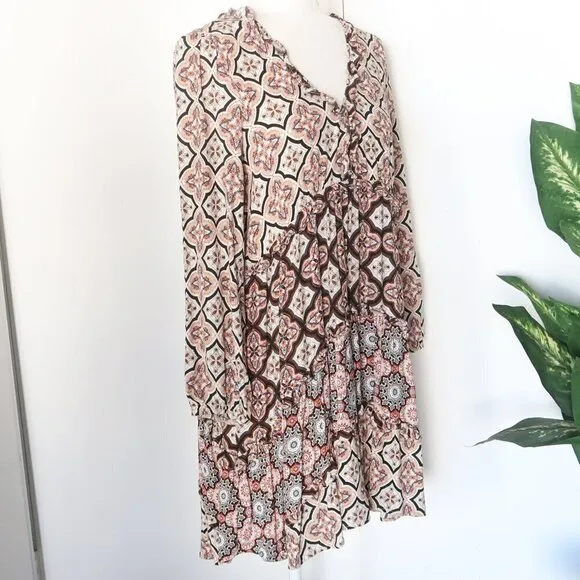 Anthropologie Moroccan Print Long Sleeve Tiered V-Neck Mini Swing Dress Medium