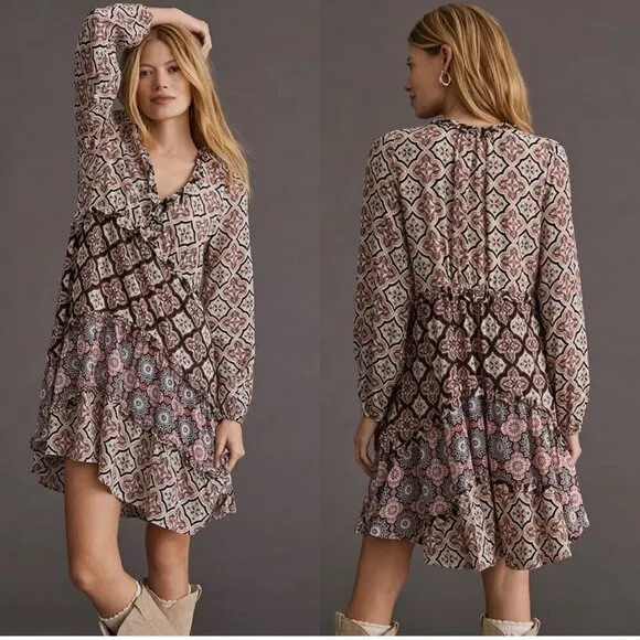 Anthropologie Moroccan Print Long Sleeve Tiered V-Neck Mini Swing Dress Medium