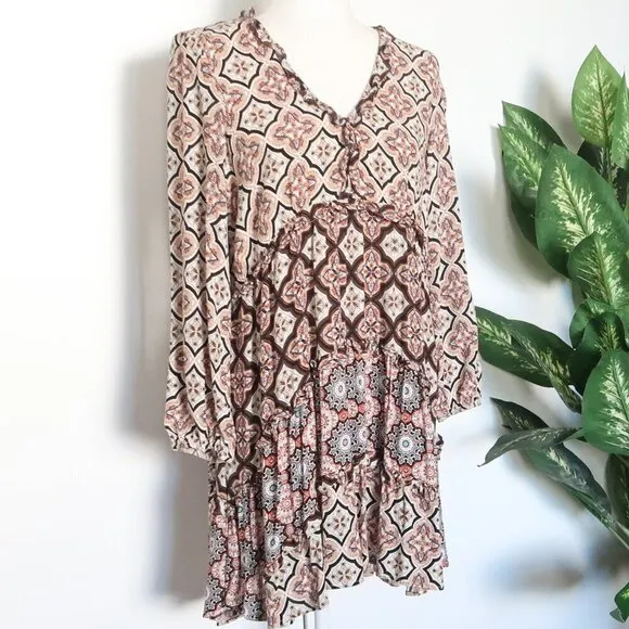 Anthropologie Moroccan Print Long Sleeve Tiered V-Neck Mini Swing Dress Medium