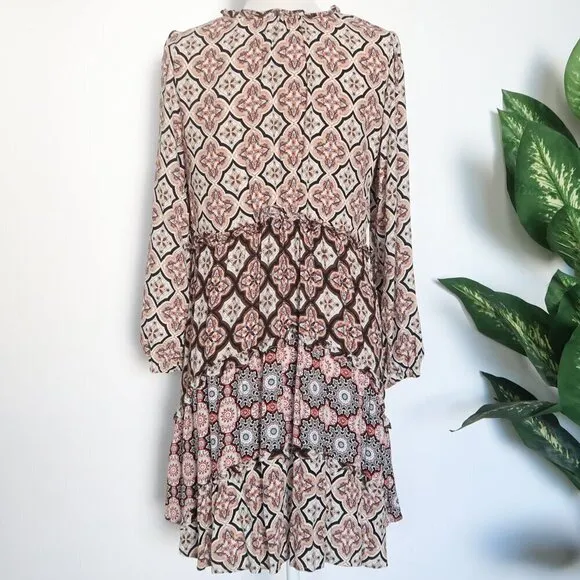 Anthropologie Moroccan Print Long Sleeve Tiered V-Neck Mini Swing Dress Medium