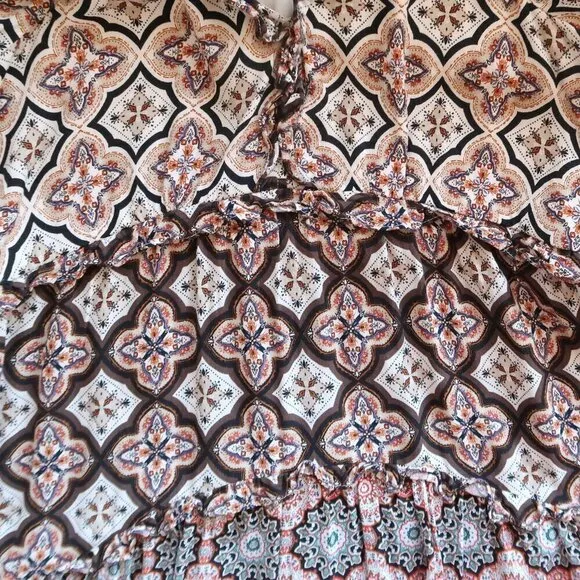 Anthropologie Moroccan Print Long Sleeve Tiered V-Neck Mini Swing Dress Medium