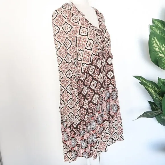 Anthropologie Moroccan Print Long Sleeve Tiered V-Neck Mini Swing Dress Medium