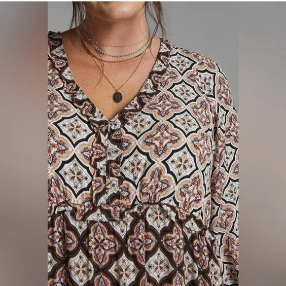 Anthropologie Moroccan Print Long Sleeve Tiered V-Neck Mini Swing Dress Medium