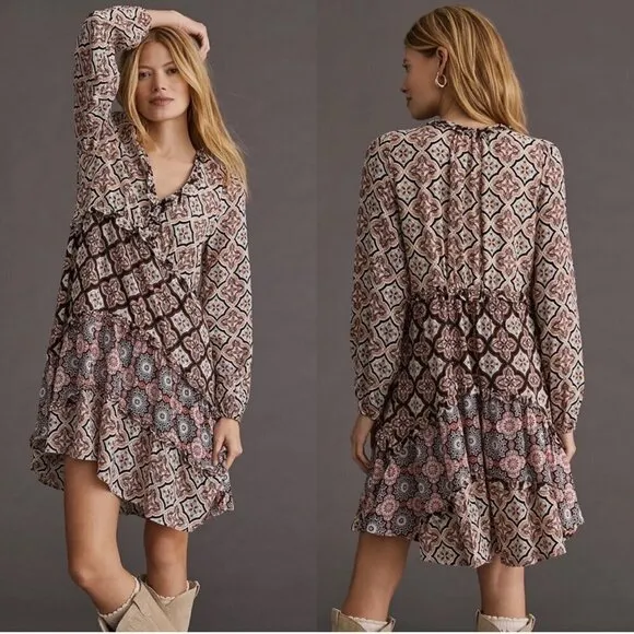 Anthropologie Moroccan Print Long Sleeve Tiered V-Neck Mini Swing Dress Medium