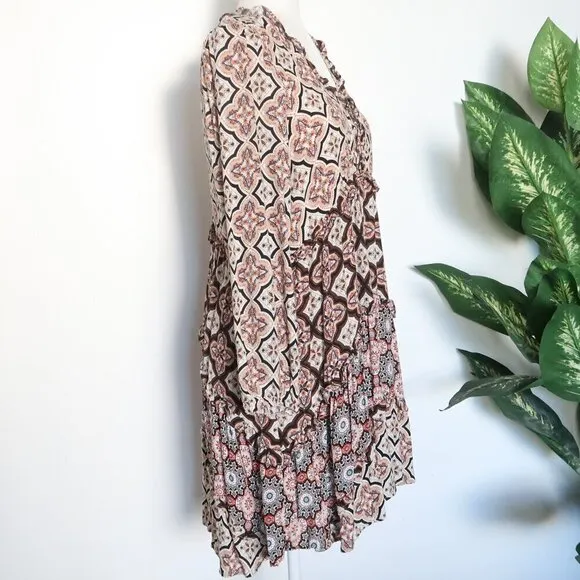 Anthropologie Moroccan Print Long Sleeve Tiered V-Neck Mini Swing Dress Medium