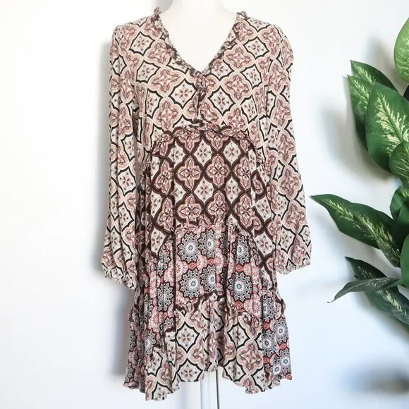 Anthropologie Moroccan Print Long Sleeve Tiered V-Neck Mini Swing Dress Medium