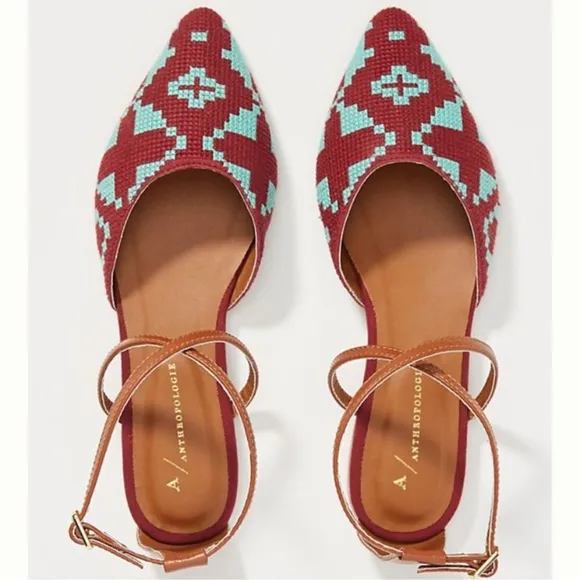 Anthropologie NWOB Turquoise Flats with Geometric Aztec Pattern Ankle Straps 7