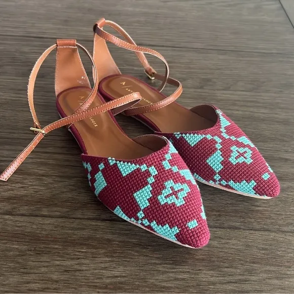 Anthropologie NWOB Turquoise Flats with Geometric Aztec Pattern Ankle Straps 7