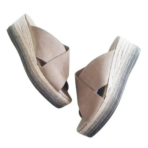 Anthropologie Paseart Tan Suede Cross Strap Ombre Wedge Espadrille Slides 10