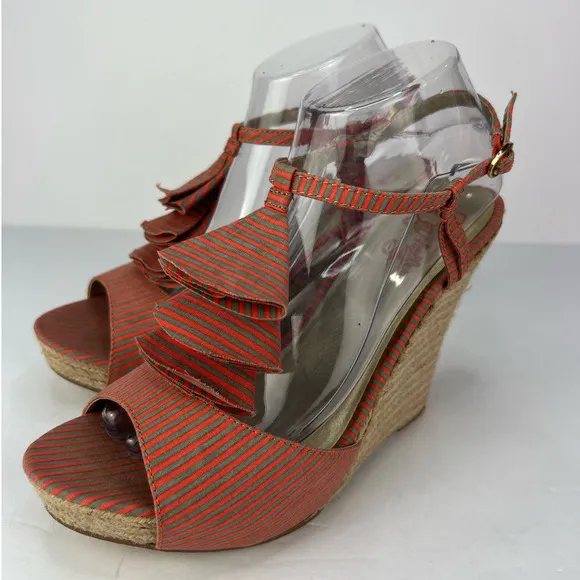 Anthropologie Seychelles Orange Stripe Espadrilles Wedges Sandals Women Size 9