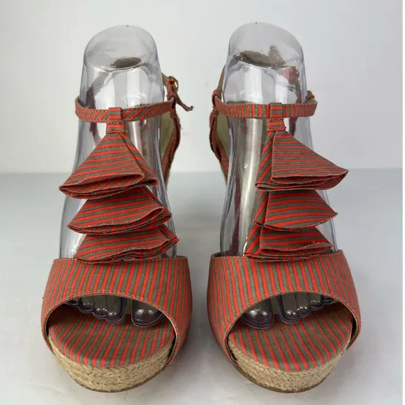 Anthropologie Seychelles Orange Stripe Espadrilles Wedges Sandals Women Size 9