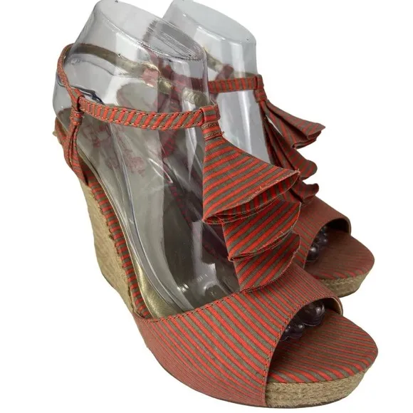 Anthropologie Seychelles Orange Stripe Espadrilles Wedges Sandals Women Size 9