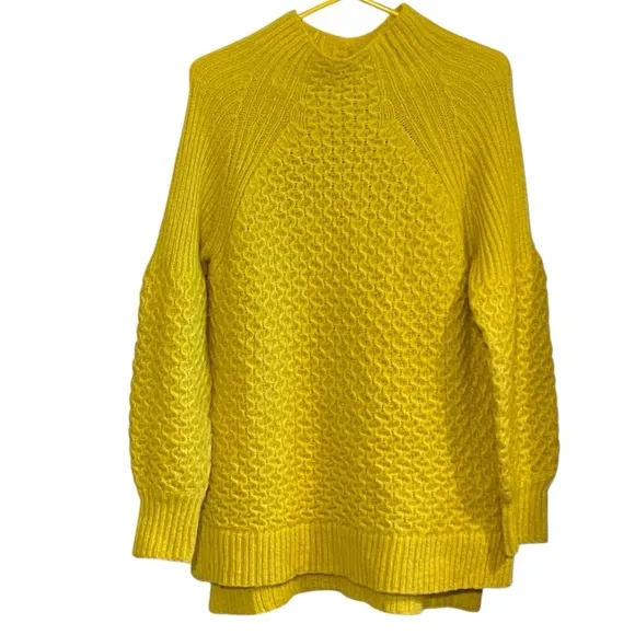 Anthropologie  yellow Lime Bia Mock Neck Tunic Sweater Alpaca blend Texture Knit
