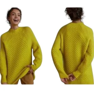 Anthropologie  yellow Lime Bia Mock Neck Tunic Sweater Alpaca blend Texture Knit