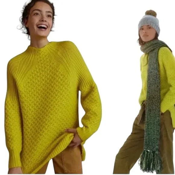 Anthropologie  yellow Lime Bia Mock Neck Tunic Sweater Alpaca blend Texture Knit